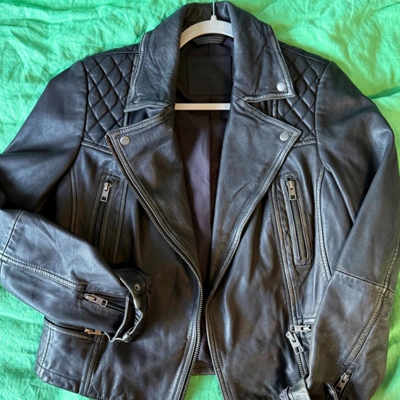 All Saints Cargo Distressed Leather Biker Jacket - Picture 1 of 5